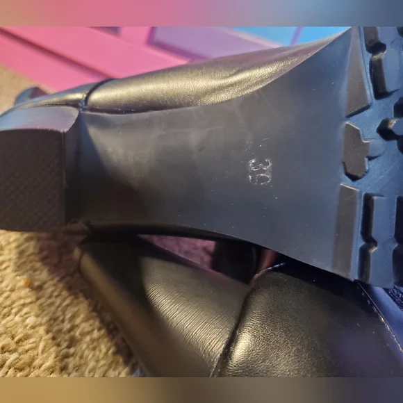 Hot Black Leather Boots Side Zip Buckle Strap Chunky High Heel with Studs Size 8 - Picture 13 of 13